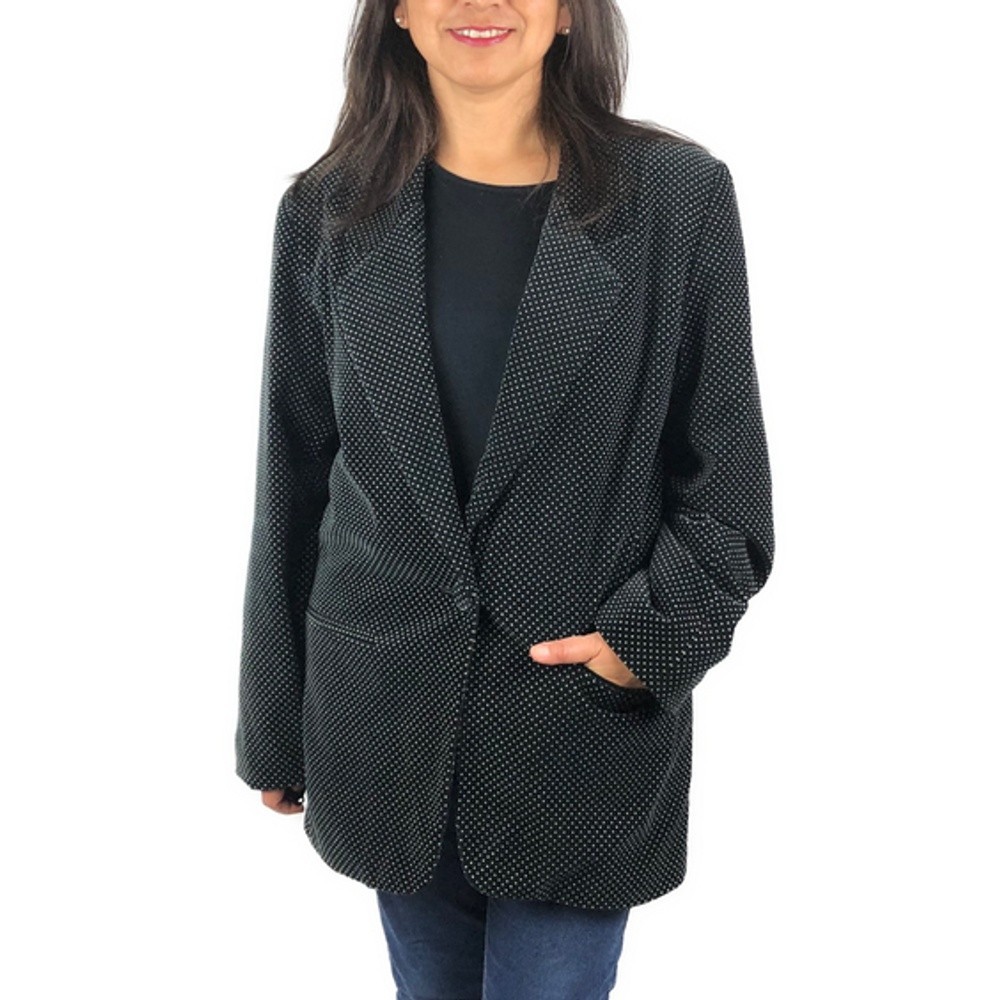 Mark Alan VTG Velvet Blazer Size 14 Black Silver Polka Dot Lined One Button